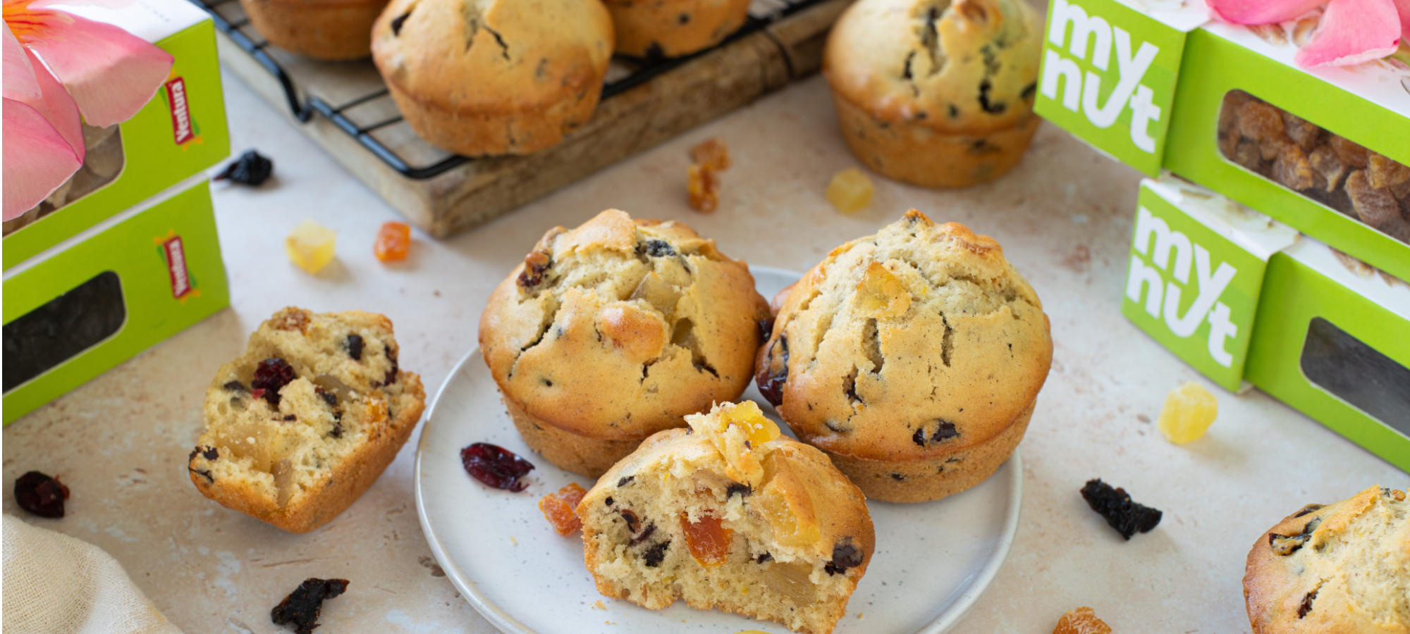 muffin frutta secca e cioccolato su piattino di ceramica bianca accanto ad astucci mynut ventura