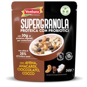 Supergranola proteica con probiotici con avena, anacardi, cioccolato, cocco