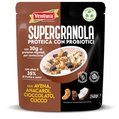 Supergranola Proteica con probiotici <span>con Avena, Anacardi, Cioccolato e Cocco</span>